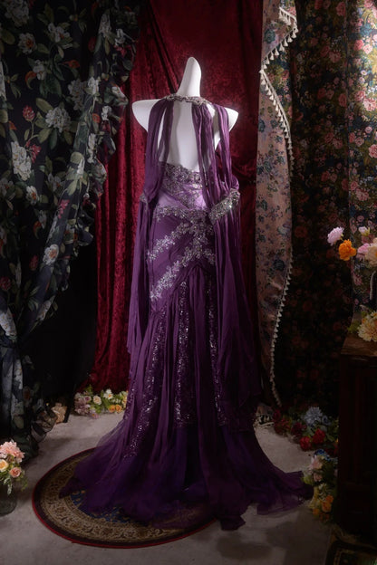 Vintage Mermaid Halter Purple Chiffon With Beading Appliqued Long Prom Dresses Formal Outfit Evening Night Gown RB8136