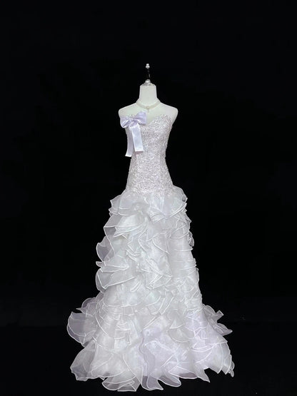 Vintage Mermaid Sweetheart Lilac With Tiered Layers Lace Long Prom Dress Formal Outfits Party Dresses RB7494