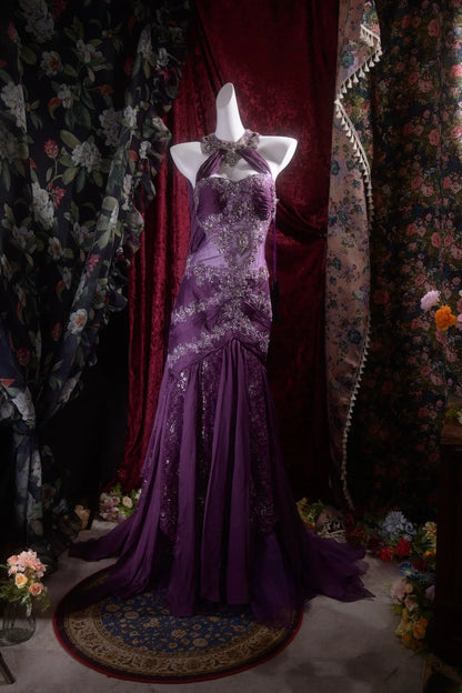 Vintage Mermaid Halter Purple Chiffon With Beading Appliqued Long Prom Dresses Formal Outfit Evening Night Gown RB8136