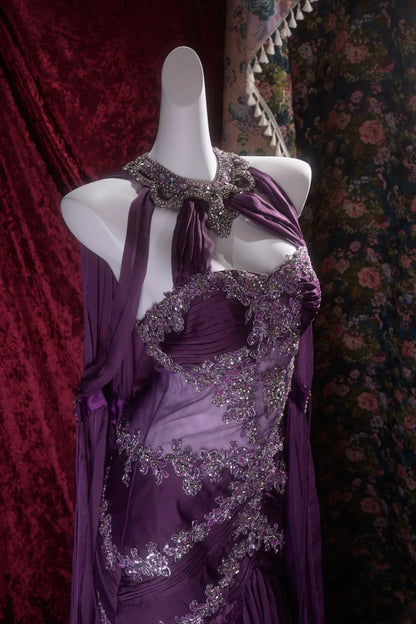 Vintage Mermaid Halter Purple Chiffon With Beading Appliqued Long Prom Dresses Formal Outfit Evening Night Gown RB8136