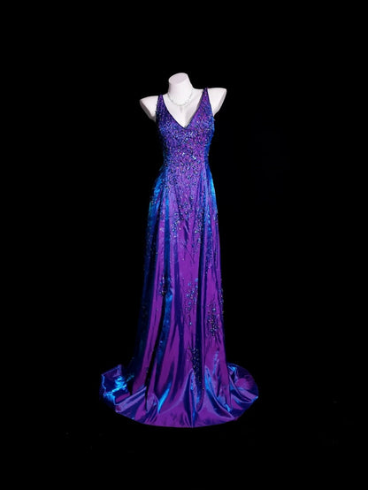 Purple Prom Dress Inspo A line V Neck With Beading Satin Modest Long Formal Party Gown RB9920
