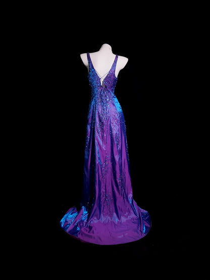 Purple Prom Dress Inspo A line V Neck With Beading Satin Modest Long Formal Party Gown RB9920