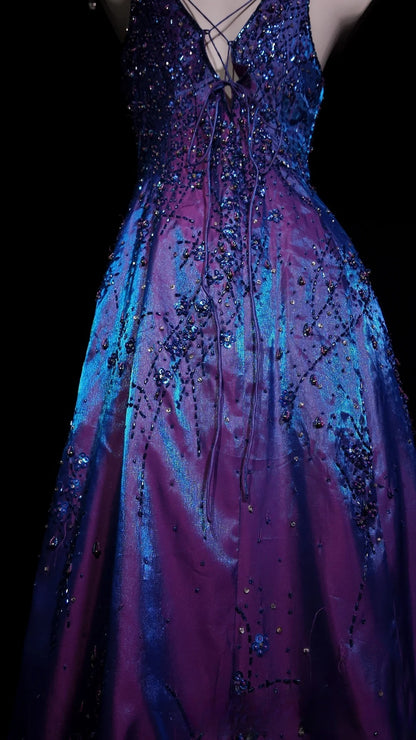 Purple Prom Dress Inspo A line V Neck With Beading Satin Modest Long Formal Party Gown RB9920