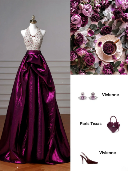 Glamour Ball Gown Halter Purple Satin Long Prom Dresses Party Dress 20th Birthday Outfits Prom Gowns AQ126