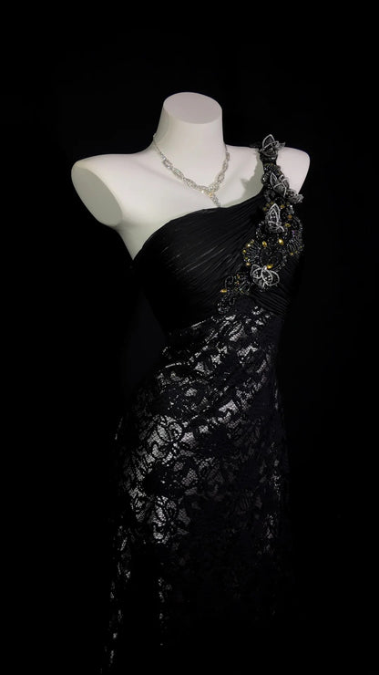 Black Prom Dress Mermaid One Shoulder Lace Floor Length Formal Party Gown RB9922