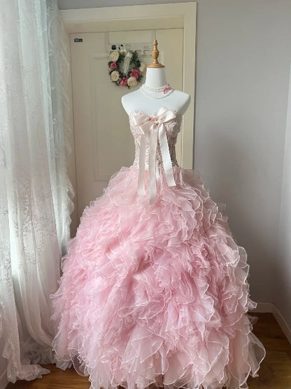 Modest Sweet 16 Dress Long Sweetheart Pink Tulle With Tiered Layers Ball Gown Sweet Sixteen Party Birthday Dresses RC0492
