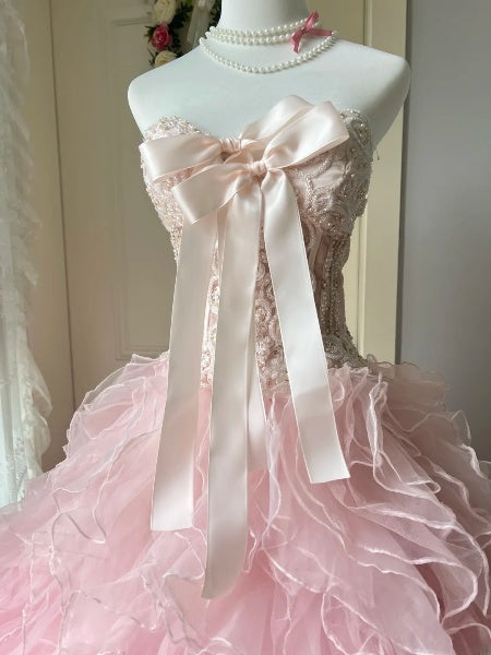Modest Sweet 16 Dress Long Sweetheart Pink Tulle With Tiered Layers Ball Gown Sweet Sixteen Party Birthday Dresses RC0492