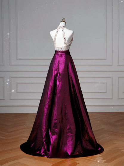 Glamour Ball Gown Halter Purple Satin Long Prom Dresses Party Dress 20th Birthday Outfits Prom Gowns AQ126