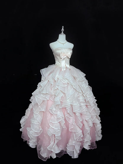Princess Ball Gown Strapless Pink With Tiered Layers Quince Dress Voluminous Sweet 16 Sweet Sixteen Outfits Vestido de 15 RB7496