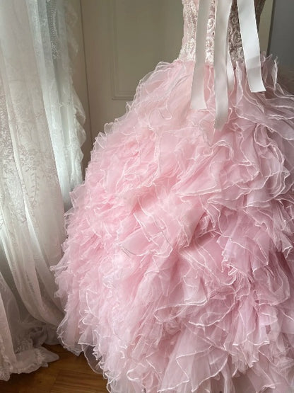 Modest Sweet 16 Dress Long Sweetheart Pink Tulle With Tiered Layers Ball Gown Sweet Sixteen Party Birthday Dresses RC0492