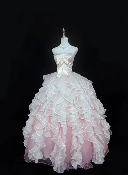 Princess Ball Gown Strapless Pink With Tiered Layers Quince Dress Voluminous Sweet 16 Sweet Sixteen Outfits Vestido de 15 RB7496