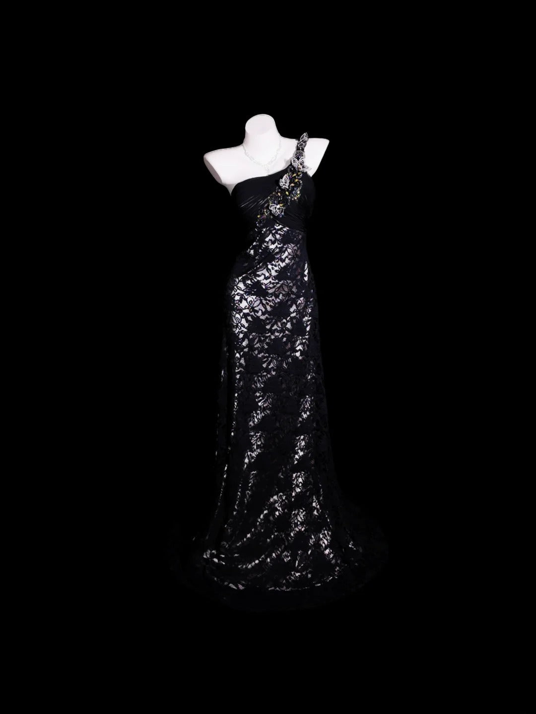 Black Prom Dress Mermaid One Shoulder Lace Floor Length Formal Party Gown RB9922
