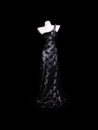Black Prom Dress Mermaid One Shoulder Lace Floor Length Formal Party Gown RB9922