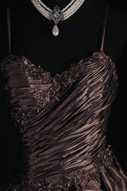 Vintage Ball Gowns Women's Cocktail Party Gowns Spaghetti Strap With Beads Tops Long Graduation Dinner Outfits Prom Dresses AS126