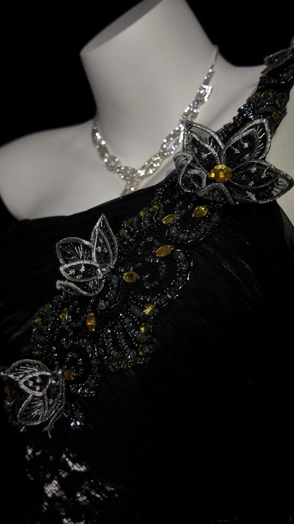 Black Prom Dress Mermaid One Shoulder Lace Floor Length Formal Party Gown RB9922