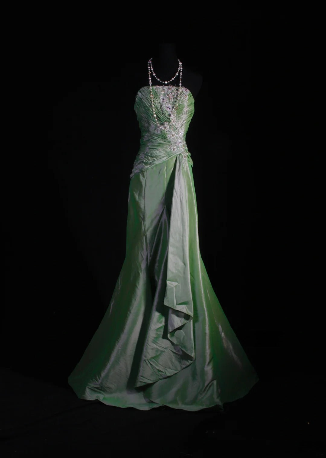 Vintage 50s 1950s Formal Mermaid Strapless Green Taffeta Pleated With Lace Appliques Sleeveless Long Prom Dresses Party Formal Gowns AS127
