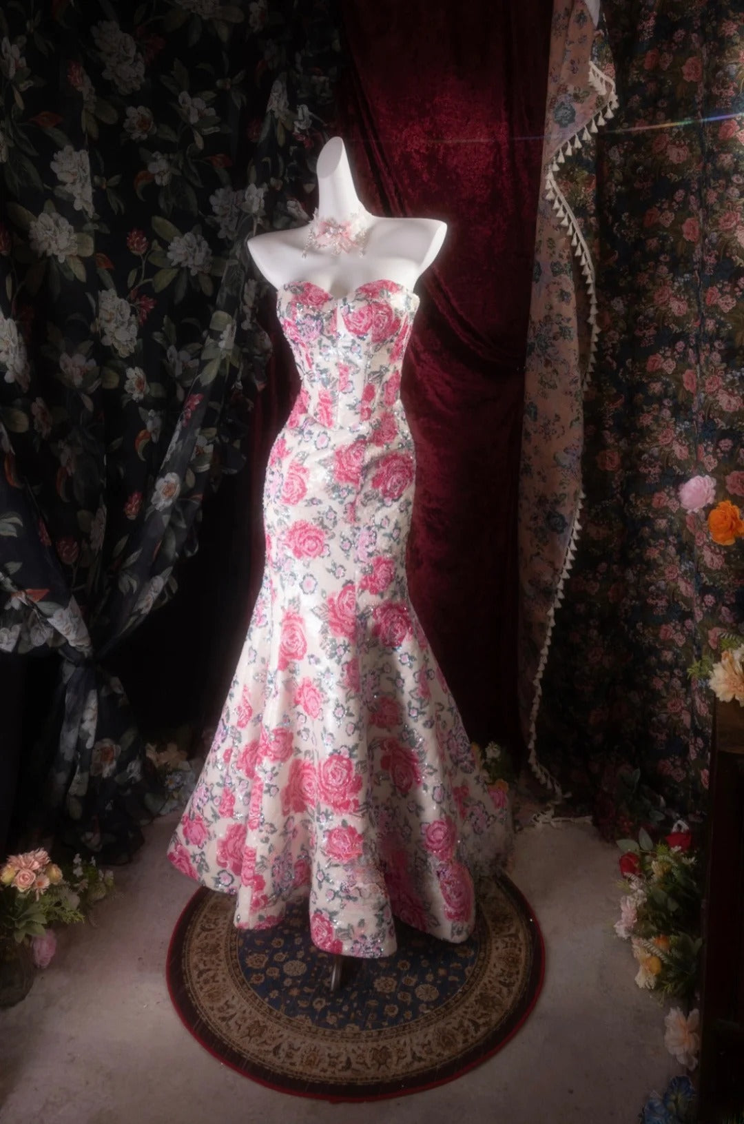 Vintage Mermaid Sweetheart Pink Floral Sequined Long Prom Dresses Formal Outfit Evening Night Gown RB8137