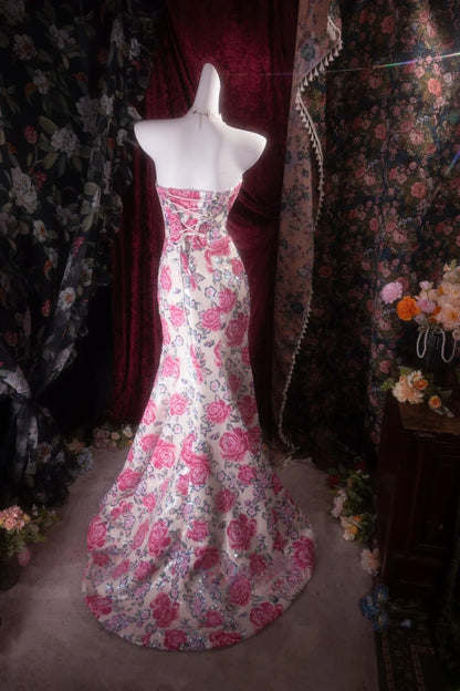 Vintage Mermaid Sweetheart Pink Floral Sequined Long Prom Dresses Formal Outfit Evening Night Gown RB8137