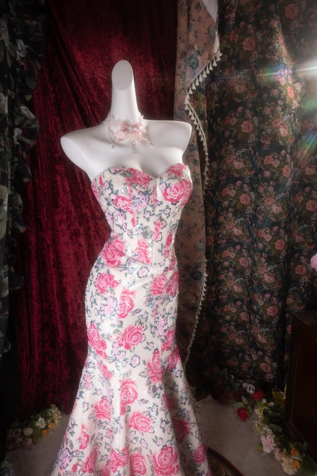 Vintage Mermaid Sweetheart Pink Floral Sequined Long Prom Dresses Formal Outfit Evening Night Gown RB8137