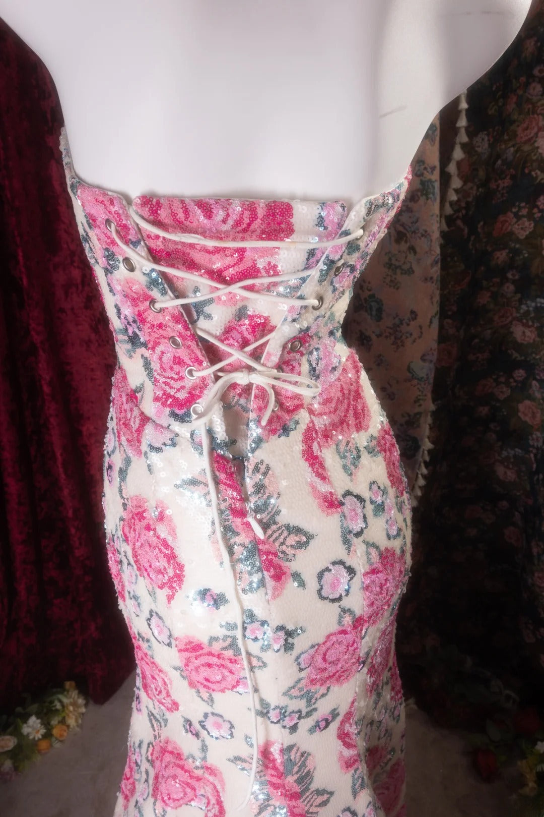 Vintage Mermaid Sweetheart Pink Floral Sequined Long Prom Dresses Formal Outfit Evening Night Gown RB8137