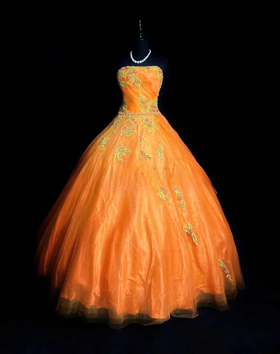Pretty Ball Gown Strapless Orange Tulle With Appliqued Long 15 Quinceanera Dresses Photo Ideas Formal Outfit RB5938