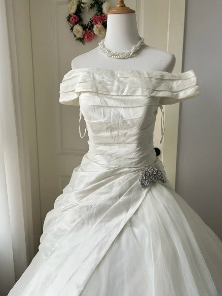 Princess Wedding Dress Ball Gown Off The Shoulder White Tulle With Sleeves Long Bridal Gown RC0494