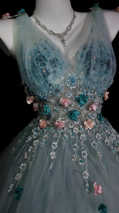Sweet 16 Dress Blue V Neck Ball Gown With Flowers Beading Sweet Sixteen Dress RB9924