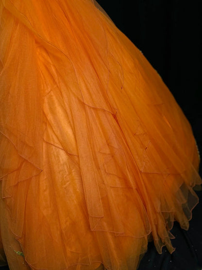 Pretty Ball Gown Strapless Orange Tulle With Appliqued Long 15 Quinceanera Dresses Photo Ideas Formal Outfit RB5938