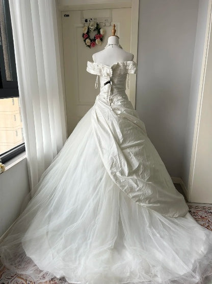 Princess Wedding Dress Ball Gown Off The Shoulder White Tulle With Sleeves Long Bridal Gown RC0494