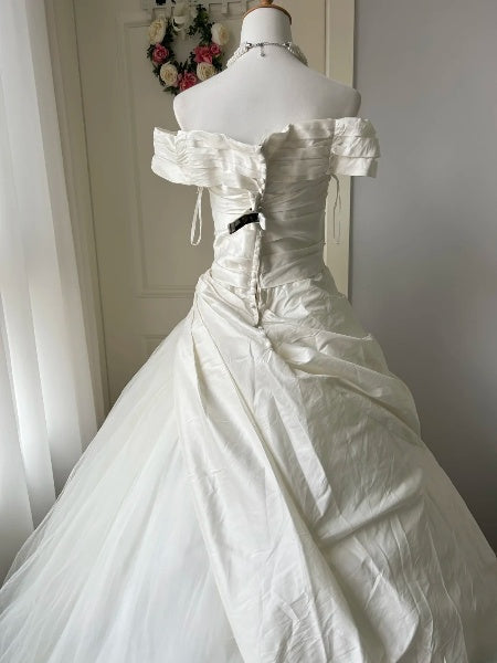 Princess Wedding Dress Ball Gown Off The Shoulder White Tulle With Sleeves Long Bridal Gown RC0494