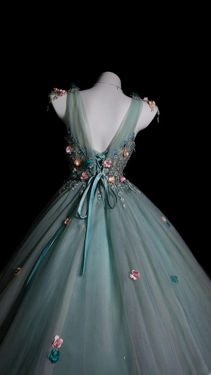 Sweet 16 Dress Blue V Neck Ball Gown With Flowers Beading Sweet Sixteen Dress RB9924