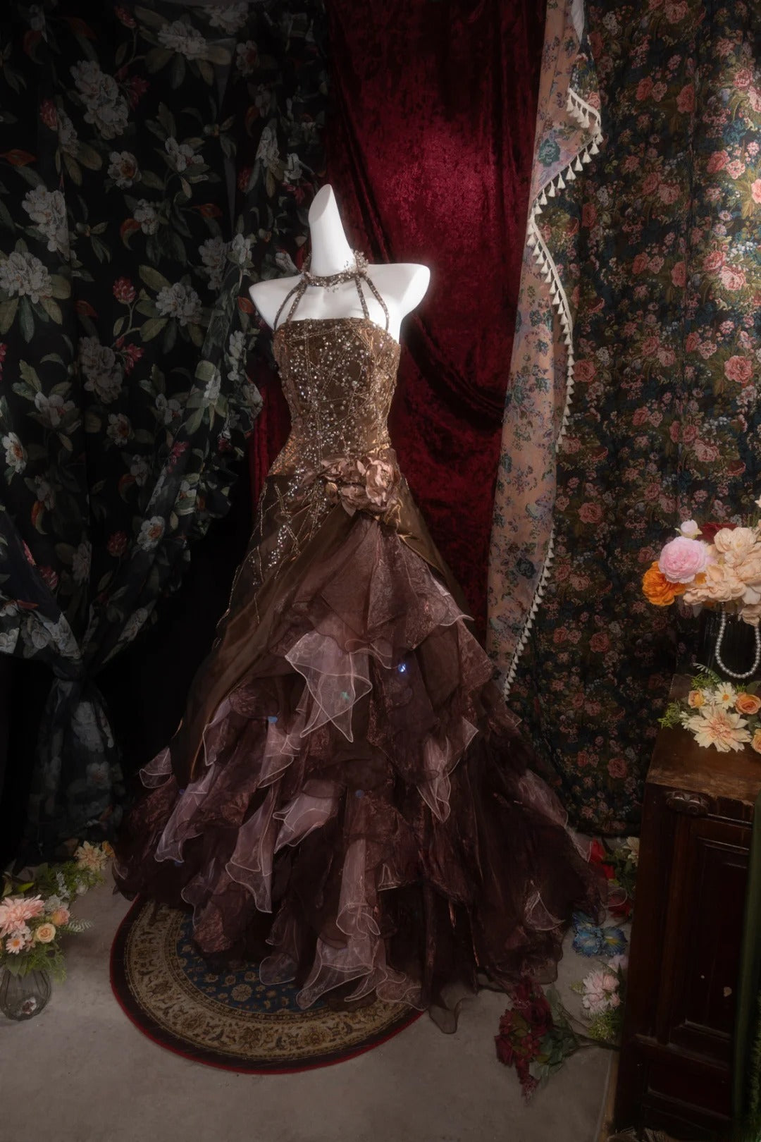 Vintage Mermaid Halter Brown With Tiered Tulle Long Prom Dresses Formal Outfit Evening Night Gown RB8138