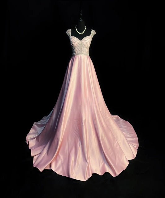 Vintage 70s Prom Dresses A line Sweetheart Pink Satin Sleeveless Open Back Evening Dress Formal Outfits RB5939
