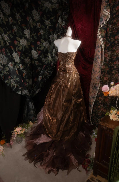 Vintage Mermaid Halter Brown With Tiered Tulle Long Prom Dresses Formal Outfit Evening Night Gown RB8138