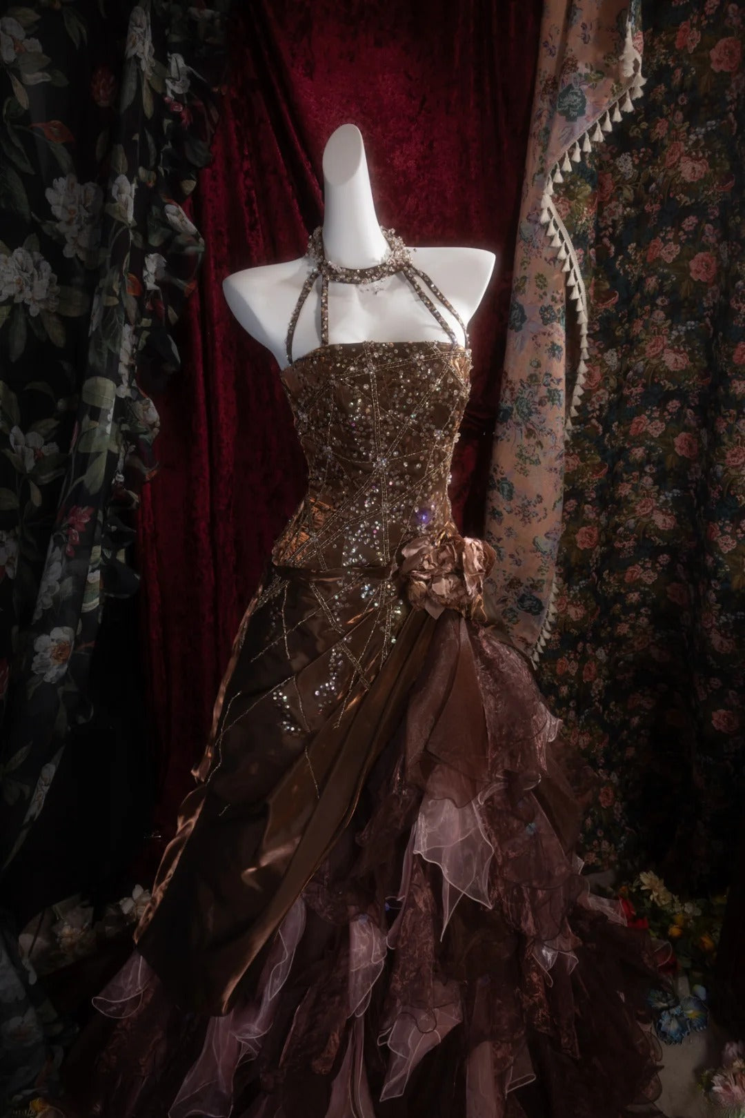 Vintage Mermaid Halter Brown With Tiered Tulle Long Prom Dresses Formal Outfit Evening Night Gown RB8138