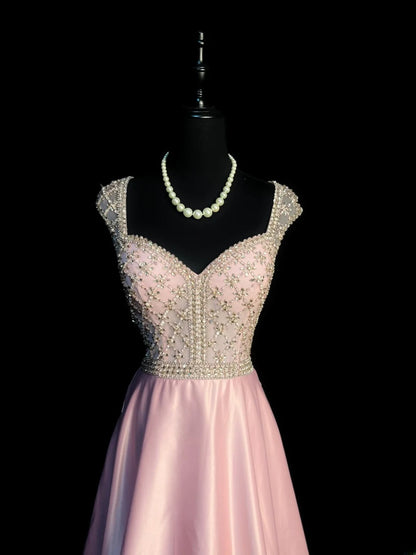 Vintage 70s Prom Dresses A line Sweetheart Pink Satin Sleeveless Open Back Evening Dress Formal Outfits RB5939