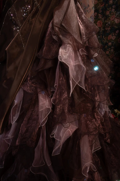 Vintage Mermaid Halter Brown With Tiered Tulle Long Prom Dresses Formal Outfit Evening Night Gown RB8138