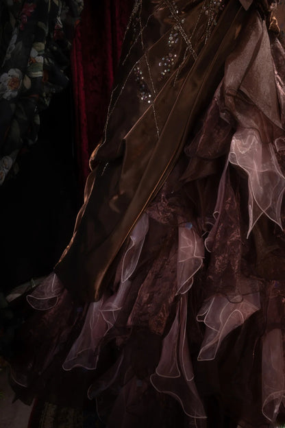 Vintage Mermaid Halter Brown With Tiered Tulle Long Prom Dresses Formal Outfit Evening Night Gown RB8138
