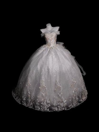Vintage Wedding Dress Ball Gown Off Shoulder Tulle Appliques White With Sleeves Bridal Gown for Big Day RB9925