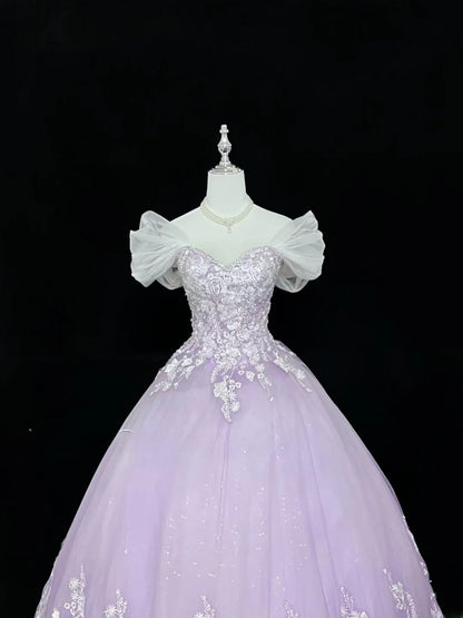 Cute Ball Gown Off The Shoulder Lilac Tulle With Lace Quince Dress Voluminous Ideas Sweet 16 Quinceanera Dresses Vestido de 15 RB7500