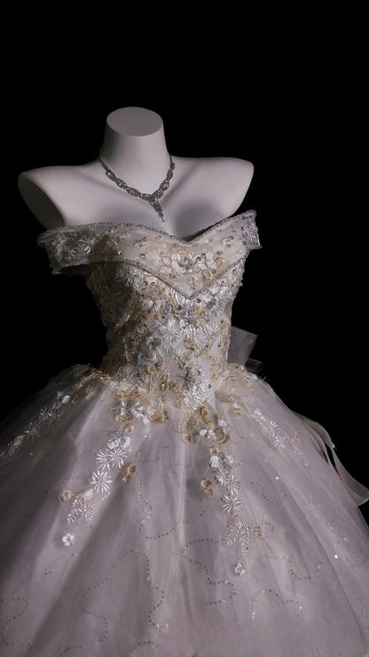 Vintage Wedding Dress Ball Gown Off Shoulder Tulle Appliques White With Sleeves Bridal Gown for Big Day RB9925