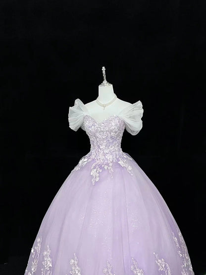 Cute Ball Gown Off The Shoulder Lilac Tulle With Lace Quince Dress Voluminous Ideas Sweet 16 Quinceanera Dresses Vestido de 15 RB7500