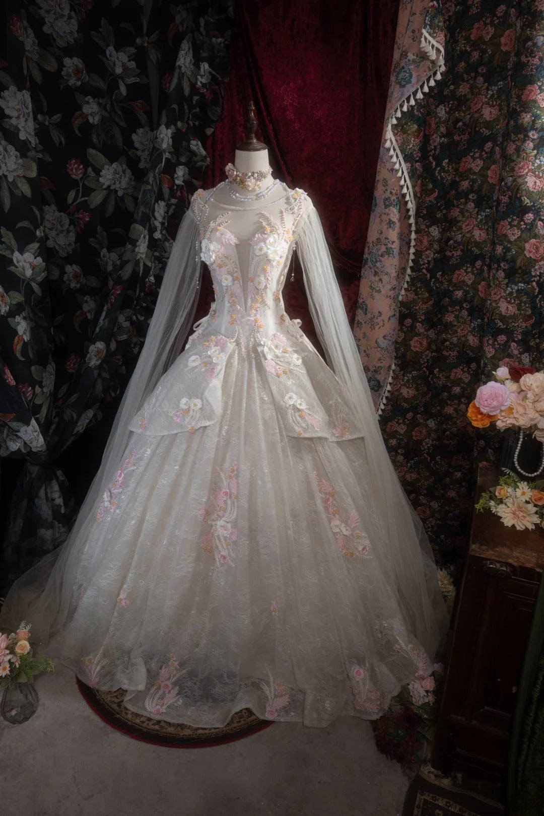 Sweety Ball Gown Scoop Ivory With Pink Tulle Long Flowers Lace Quince Dress inspo Party Gowns Sweet 16 Outfits RB8274