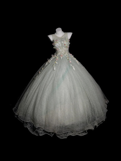Sweet 16 Dress Sage Green Scoop Ball Gown With 3D Flowers Sweet Sixteen Dress RB9926