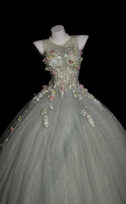 Sweet 16 Dress Sage Green Scoop Ball Gown With 3D Flowers Sweet Sixteen Dress RB9926