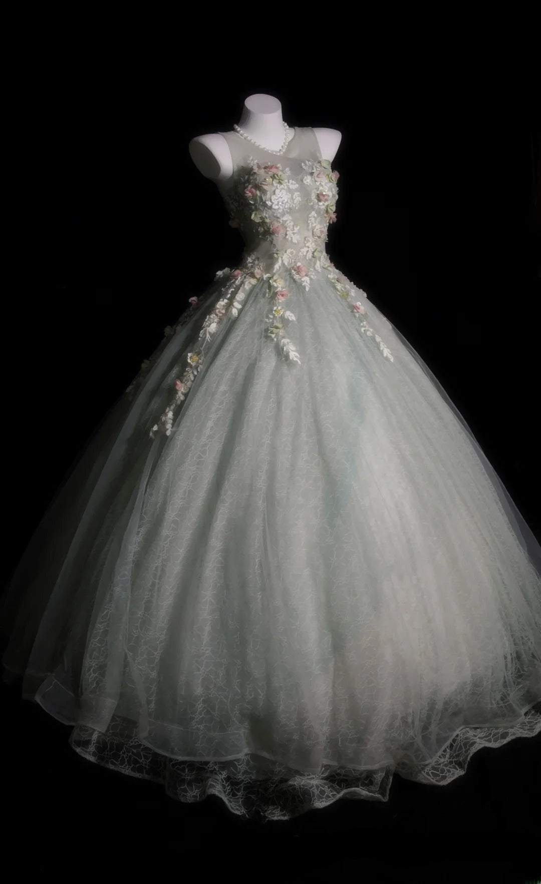 Sweet 16 Dress Sage Green Scoop Ball Gown With 3D Flowers Sweet Sixteen Dress RB9926
