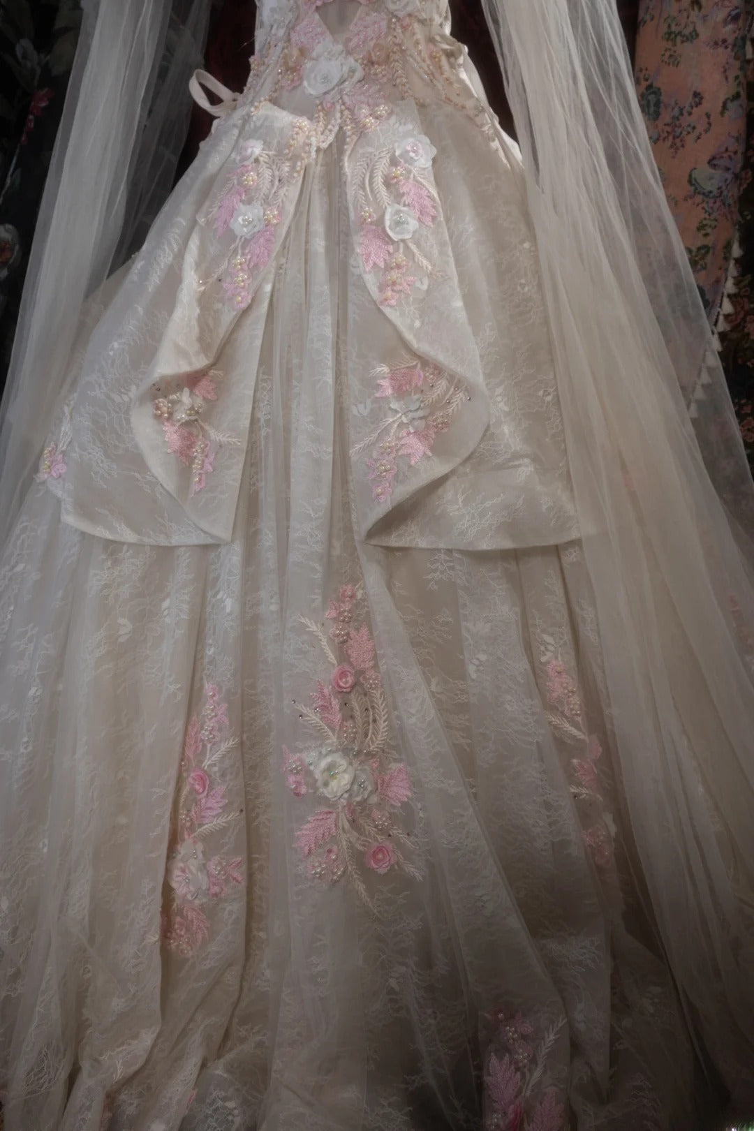 Sweety Ball Gown Scoop Ivory With Pink Tulle Long Flowers Lace Quince Dress inspo Party Gowns Sweet 16 Outfits RB8274