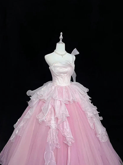 Princess Ball Gown One Shoulder Pink With Tiered Layers Quince Dress Voluminous Sweet 16 Sweet Sixteen Outfits Vestido de 15 RB7501