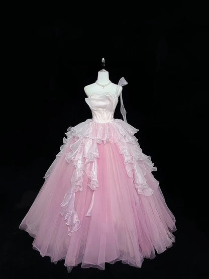 Princess Ball Gown One Shoulder Pink With Tiered Layers Quince Dress Voluminous Sweet 16 Sweet Sixteen Outfits Vestido de 15 RB7501