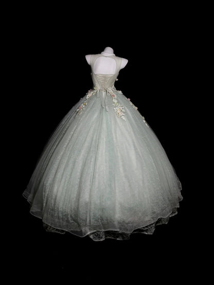Sweet 16 Dress Sage Green Scoop Ball Gown With 3D Flowers Sweet Sixteen Dress RB9926